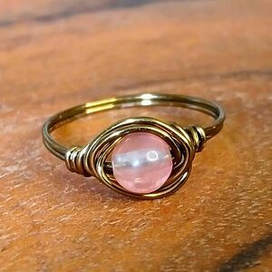 Cherry Quartz Crystal Beaded Ring, Wire Wrapped, Bronze, Size 9.5